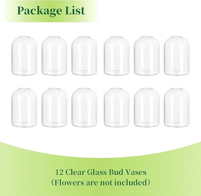 Hewory Glass Bud Vases for Centerpieces: Set of 12 Blown Clear Small Vase Bulk, Mini Cute Flower Vase for Floral Arrangement, Modern Decorations for Wedding Party Event Table Decor, 3.7"(H)×2.75"(D)