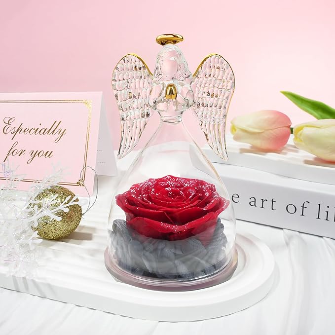 Sunia Preserved Flower Rose Gift for Women - Mother's Day Birthday Gifts for Mom Wife Grandma, Glass Angel Figurines Forever Real Roses Gifts for Her Valentine Day Thanksgiving﻿ (Red Starry Sky)