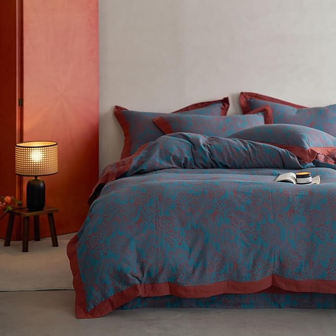 Vintage Blue Floral Duvet Cover Twin XL Size Forest Theme Jacquard Bedding Set Linen Cotton Yarn-Dyed Textured Duvet Cover Burgundy Reversible Tree Leaves Botanical Duvet Cover with Zipper Closure