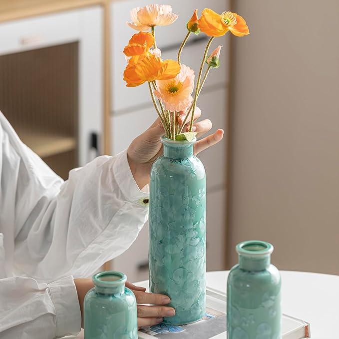 Modern Ceramic Vase Set of 3, Green Crystalline Glaze Colors, Decorative Bottles for Home, Farmhouse Rustic Decor Housewarming Gifts, Wedding Gifts, Birthday Gifts for Women(Crystalline Glaze Green)