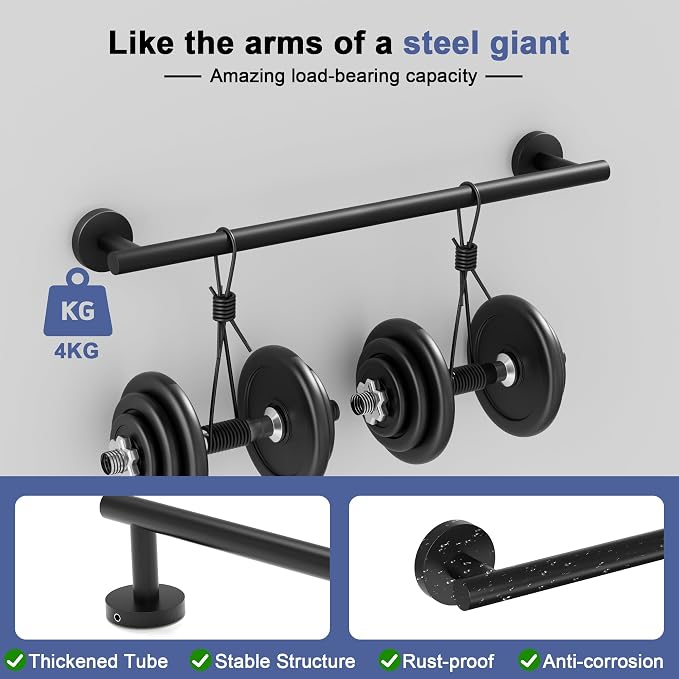 Matte Black Towel Bar, 14 Inch Towel Racks for Bathroom Wall Mounted, SUS304 Stainless Steel Bathroom Towel Holder, Total Length 16.4 Inch Towel Bars