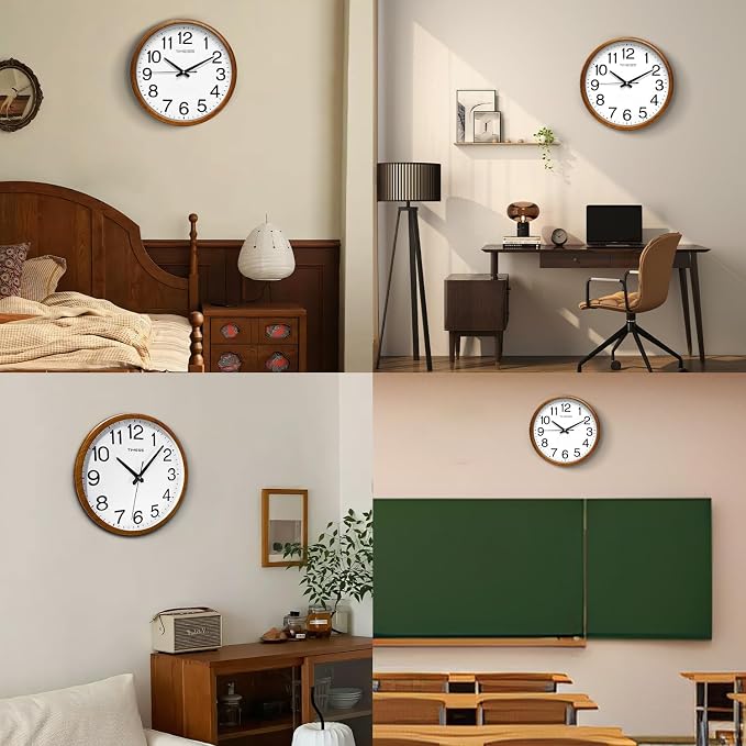 TIMESS Wall Clock, Classic Wood Style Finish, 13 Inch Non-Ticking Silent Battery Operated Analog Clock, Ideal Retro Decor for Home, Bedroom, Living Room, Kitchen, Bathroom, Office (Wood Yellow)
