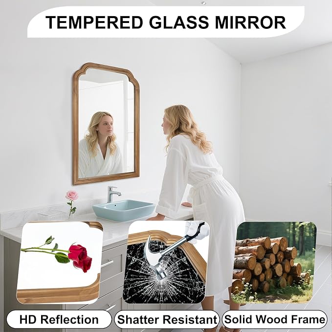 Wood Bathroom Mirror for Wall, 36 x 24 Inch Large Decorative Wall Mirror with Rustic Wooden Frame for Living Room, Vanity, Bedroom, Entryway, Farmhouse