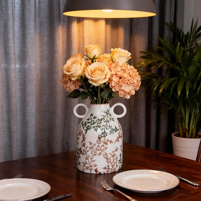 Rustic Green Ceramic Vase with Handle, Nordic Boho Small Vases Side Table Flower Centerpiece, Wide Mouth Single Flower Vase Pampas Grass Decorative - for Home Window Sill Living Dining Room Kitchen