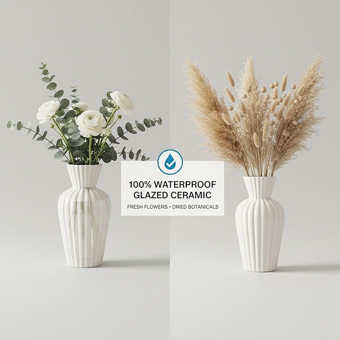 Minimalist White Ceramic Vase for Home Decor - 9.25" Modern Fluted Flower Bud/Table Centerpiece - Aesthetic Nordic Farmhouse Decorative Pottery for Living Room, Shelf, Wedding Gift
