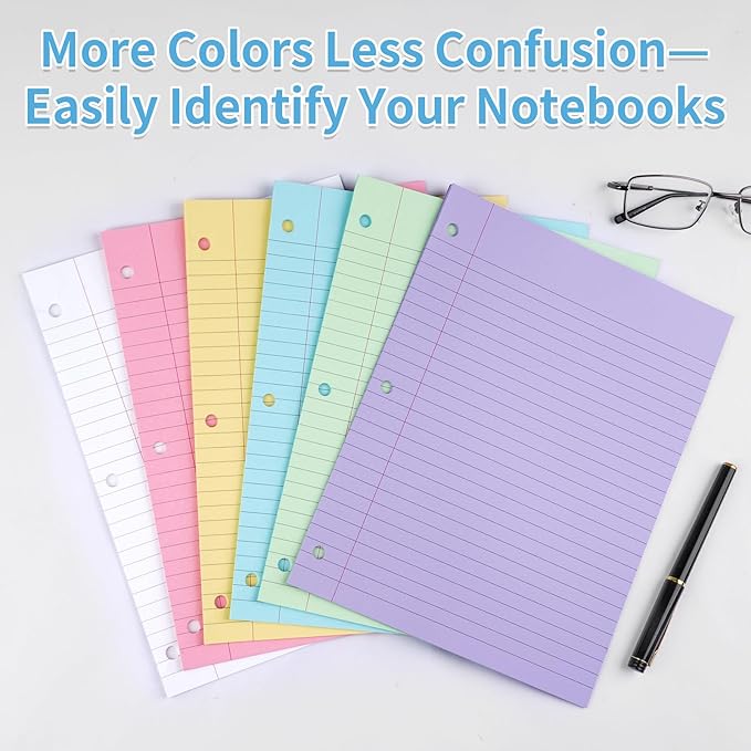 6 Color Loose Leaf Paper College Ruled, 120 Sheets 8" X 10.5" Colored Notebook Paper, 3-Hole Punched 70 Gsm Lined Paper For 3-Ring Binders, Loose Leaf Office Paper