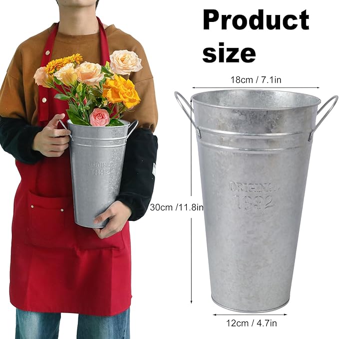 4 Packs 12 Inch Galvanized Metal Vases with Handles, Rustic Flower Buckets for Cut Flowers, Country Wedding, Table Centerpiece Decorations