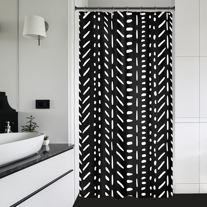 Riyidecor Stall Small Black White Boho Half Size Dorm Shower Curtain 36x72 Inch Chevron Geometric Herringbone Striped Single Narrow Tiny Walkin Stand Up Decor Fabric Bathroom Set Polyester Waterproof