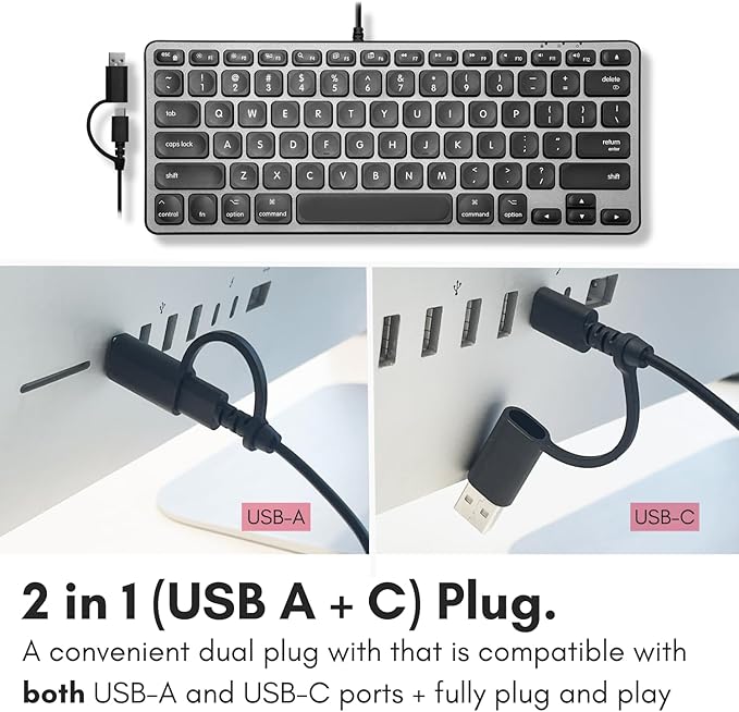 Macally Wired Keyboard for Mac with USB Hub (2X USBC / 1x USBA) - Compatible Small Apple Key Board with 2 in 1 USB Plug - for MacBook Pro/Air, Mac mini, iMac