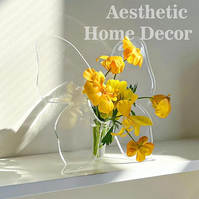 Butterfly Flower Vase - Clear Acrylic Vases for Flowers, Modern Single Rose Vase Home Decor, Unique Decorative Vases for Desktops Bookshelf Bedroom Wedding Housewarming Gifts