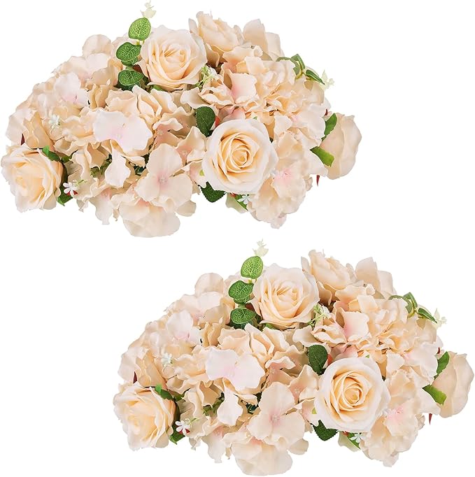 NUPTIO Flower Ball Arrangement Bouquet - 2 Pcs 14.2 inch Diameter Champagne Fake Flowers Roses Balls for Centerpieces Tables - Artificial Rose Arrangements for Wedding Centerpiece Table Decorations