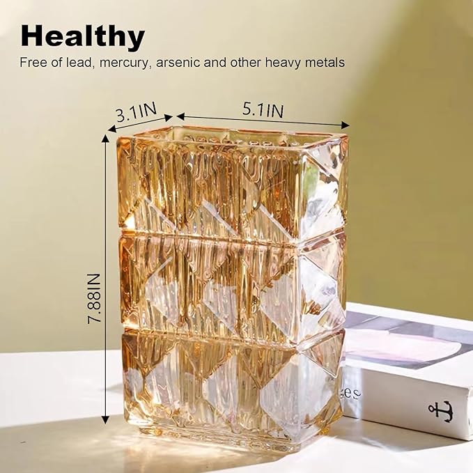 Glass Flower Vase, Clear Crystal Vases for Centerpieces, Heavy Handmade Modern Vases for Decor Home Bedroom Kitchen Office Living Room, 7.88 Inch (Clear Amber)