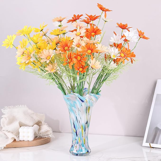 9.0" H Blue Glass Vases for Flowers, Unique Hand Blown Glass Vase Blue Home Decor, Wide Mouth Colorful Flower Vase Centerpieces, for Living Room Table Bookshelf, Bathroom Office Shelf Decorative