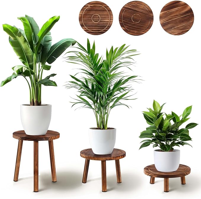 3-Pack Wood Plant Stands Indoor Outdoor, Mid-Century Modern Wooden Plant Stool for 6-11 Inch Pots, Tall Corner Plant Shelf Flower Pot Holder Table for Living Room, Balcony, Patio Decor