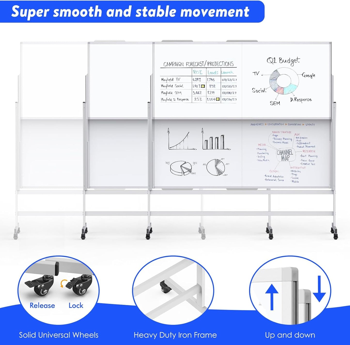 Skiennix Height Adjustable Dry Erase Whiteboard - 72x60 Inches Mobile Magnetic Easel for Office & Classroom