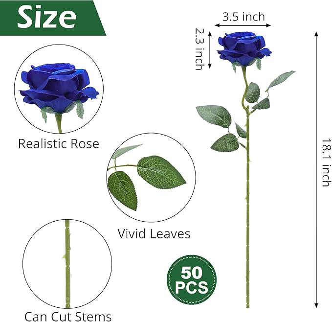 50pcs Artificial Roses Flowers in Bulk,Realistic Silk Fake Rose with Long Stem for Wedding Centerpieces Bouquet Party Floral Arrangement Home Decoration(Royal Blue)