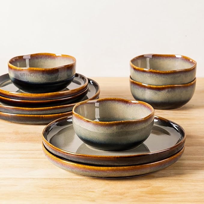 TheTerra Ceramic Dinnerware Sets for 8, 24 Pieces Porcelain Lightweight Plates and Bowls Sets, Scratch Resistant Dish Set, Oven & Microwave & Dishwasher Safe, Coffee Bean