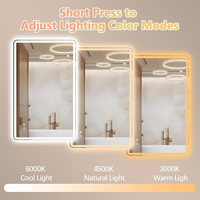 Niccy 20"x32" LED Bathroom Mirror, Rectangle Vanity Mirrors with Lights, Frontlit & Backlit Lighted Vanity Mirror, Memory Funtion, 3 Colors & Stepless Dimmable, Anti-Fog, Horizontal/Vertical