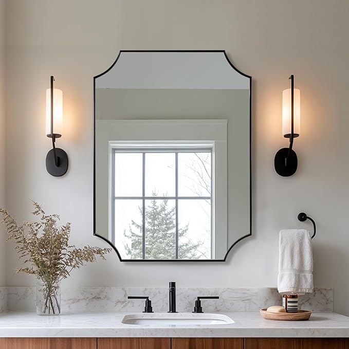ANDY STAR Bathroom Mirror for Over Sink, 24x32 Inch Black Vanity Mirror, Scalloped Mirrors for Bathroom, Modern Wall Mirror with Aesthetic Scalloped Corner Design, Wall Mount Vertical or Horizontal