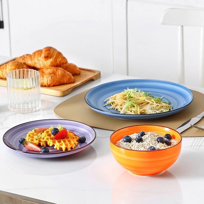 Selamica Ceramic Plates and Bowls Sets,24 Pieces Dinnerware Sets for 8,Scratch Resistant Dish Set for holiday gathering,Dishwasher & Microwave Safe, Dopamine colors