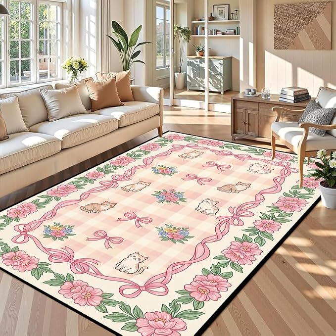 6'x9' Cat Floral Area Rug Pink Bow Flower Carpet Washable Rug Cute Cartoon Boho Floor Mat for Bedroom Living Room Nursery Playroom Classroom Home Decor