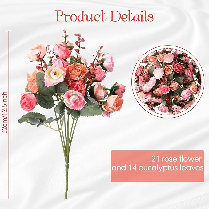 Geosar 8 Pcs Rose Artificial Flowers Fake Flowers Bouquet 21 Heads Silk Faux Floral Bundles with Stem for Home Bridal Wedding Arrangements Table Centerpieces Party Decor (Pink)