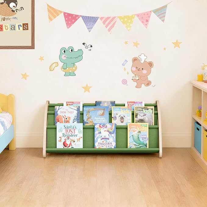 Toddler Bookshelf,4-Tier Book Rack Organizer with Fabric Storage Pockets, Wooden Bookshelves with Open Forward Display, Montessori Book Shelf for Nursery/Playroom, Natural/Green
