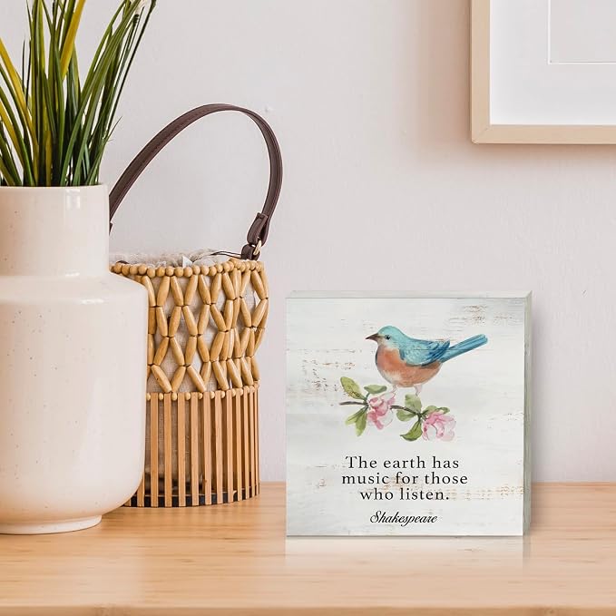 the Earth Has Music Wood Box Sign Home Decor Rustic Bird Spring Wooden Box Sign Block Plaque for Wall Tabletop Desk Home Decoration Bird Lover Gift