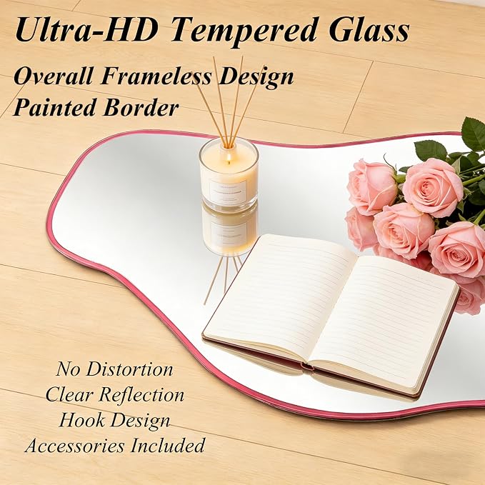 Irregular Tempered Glass Mirror, 47.2"x24" Pink Asymmetrical Aesthetic Wall Mirror, Modern Organic Shape Frameless Mirrors for Entryway Bedroom Living Room, Horizontal or Vertical Hanging