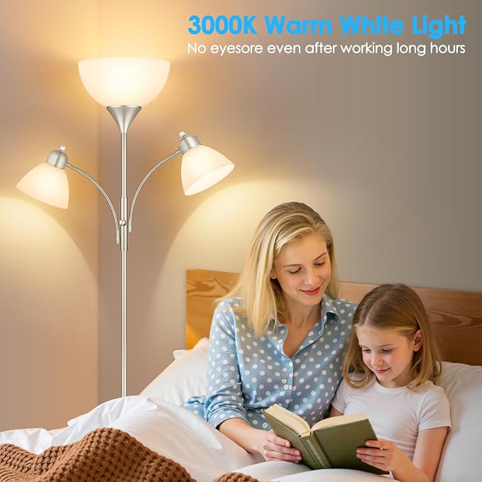 Coucrek Torchiere Floor Lamps for Living Room,72" Dimmable Lamp with 2 Adjustable Reading Lights for Bedroom, Tall Standing Room Lamp, 3 Bulbs Included