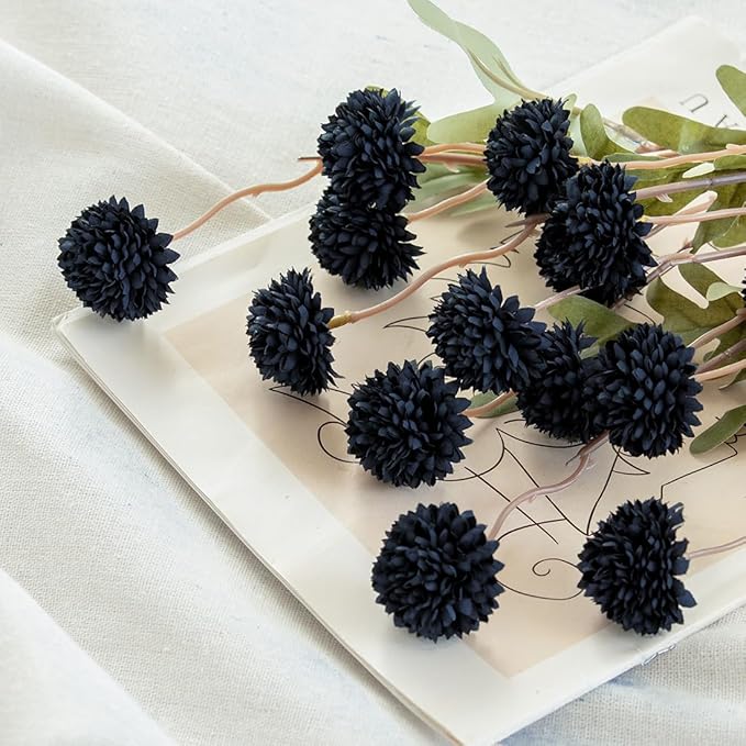 Laelfe Black Kiku Artificial Flower - 5 Pcs Fake Pompon Mums Silk Small Chrysanthemum Faux Ball Fall Flower Stem Decor for Halloween Wedding Filler DIY Bouquet Centerpieces Arrangements Shower(Black)