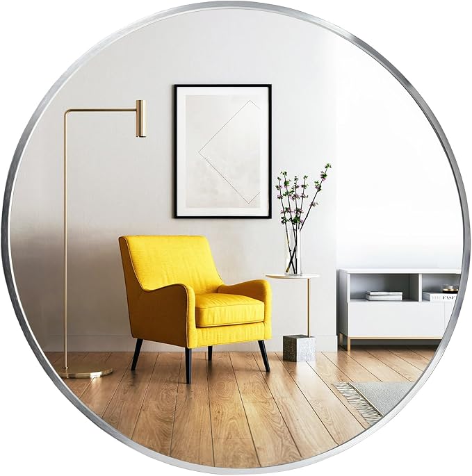 Oruii Silver Round Mirror, Round Mirror 24 inch Brushed Nickel, Circle Wall Mirrors Metal Frame, Silver Circular Mirrors for Bathroom, Wall, Living Room, Entryway, Hallway, Vanity, Rustic