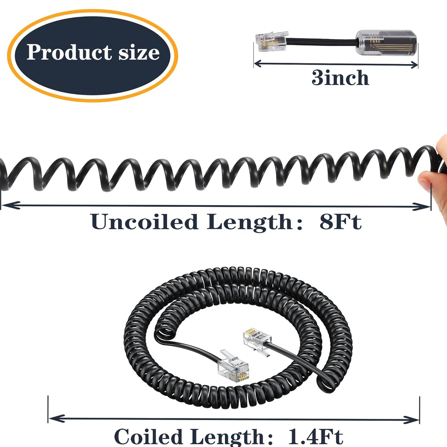 Skiennix Telephone Handset Cord - 8Ft Uncoiled & 1.4Ft Coiled RJ9 4P4C Landline Cable | Durable Accessory