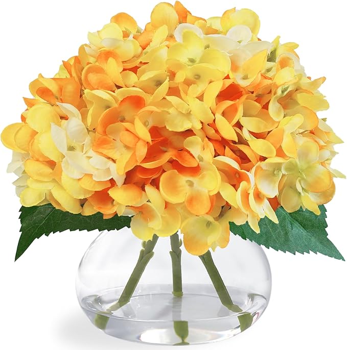 Hydrangea Artificial Flowers in Glass Vase, Orange Silk Fake Flowers Silk Centerpiece Table Decorations for Dining Room， Coffee Table Decor，Wedding, Home with Faux Water Decor（Orange）