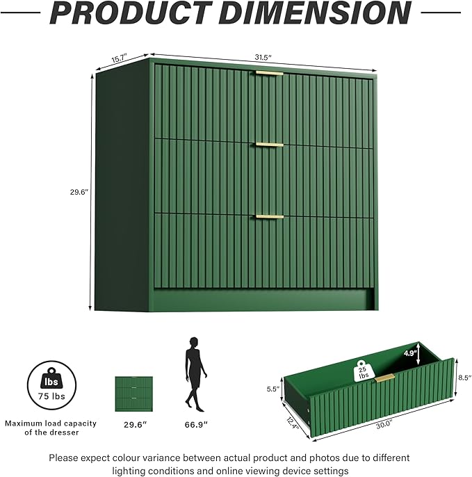 Green Dresser for Bedroom, Modern Dresser with 3 Drawers and Smooth Slides, Wide Chest of Drawers with Golden Handles for Bedroom, Living Room, Closet, 15.7" D x 31.5" W x 29.6" H