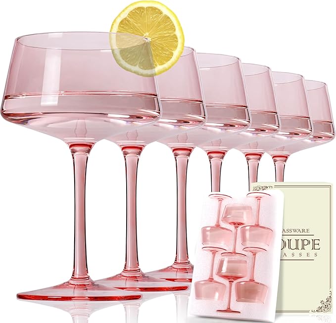JOVGANK Pink Martini Glasses Set of 6 – 13oz Lead-Free Crystal Glass, Hand-Blown Classic Champagne & Cocktail Luxury Cups, Elegant Glassware for Party Home Bar Wedding Gift for Ice Cream Dessert