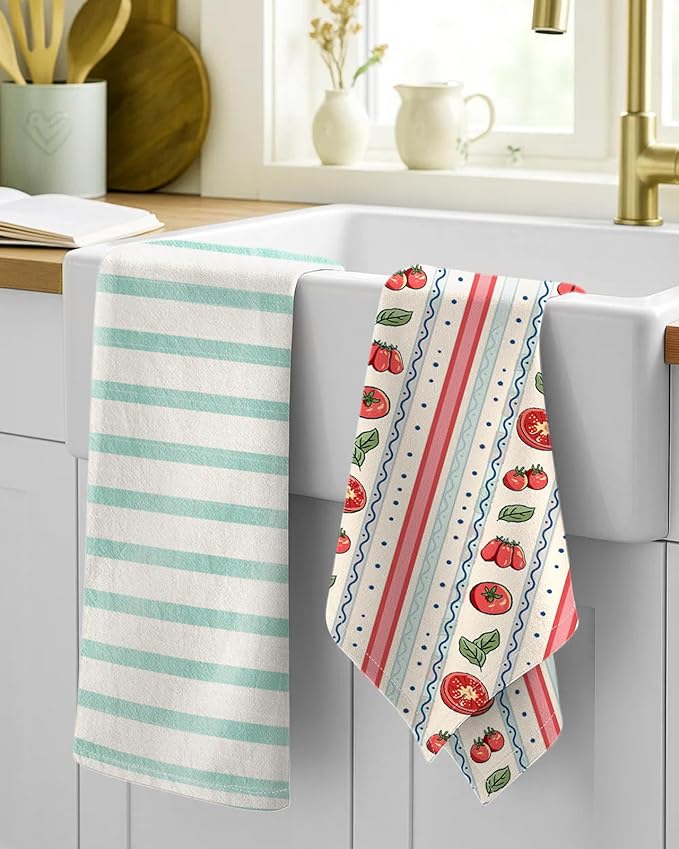 Miss Adola 2 Pack Flour Sack Kitchen Towels - 16x26 Inch Cotton Dish Towels with Hanging Loop Reusable Geometric Boho Modern Retro Tea Towel Absorbent Dishcloths Home Decor, Stripe Fruit