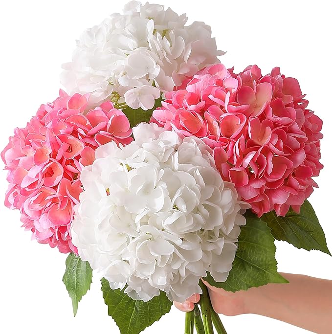 4Pcs Hydrangea Artificial Flowers, 22.44" Real Touch Latex Faux Hydrangea with Long Stems & Leaves for Home Office Decor or Wedding, Party, Centerpieces, Floral Arrangements (White&Pink)