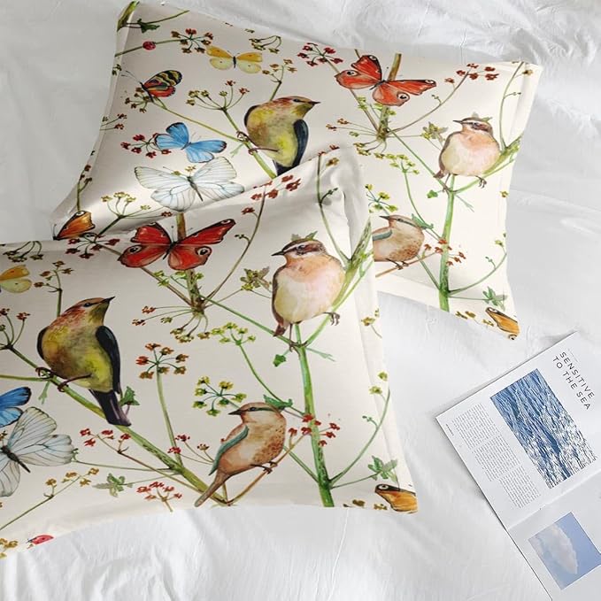 Comforter Set Queen Size, Vintage Birds Butterfly Colorful 7 Pcs Bedding for Kids and Adults, Floral Spring Beige Bed Sheet Sets with Fitted Sheet 2 Pillowcase & 2 Sham for Bedroom Bed Decor