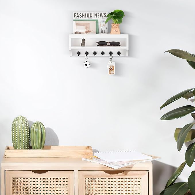 Nekon Key Holder Wall Mount, 12.8" W x 5.6" H x 3.7" D Wall Mounted Key and Mail Organizer with 6 Key Hooks, Key Racks for Home Entryway Decor (White)