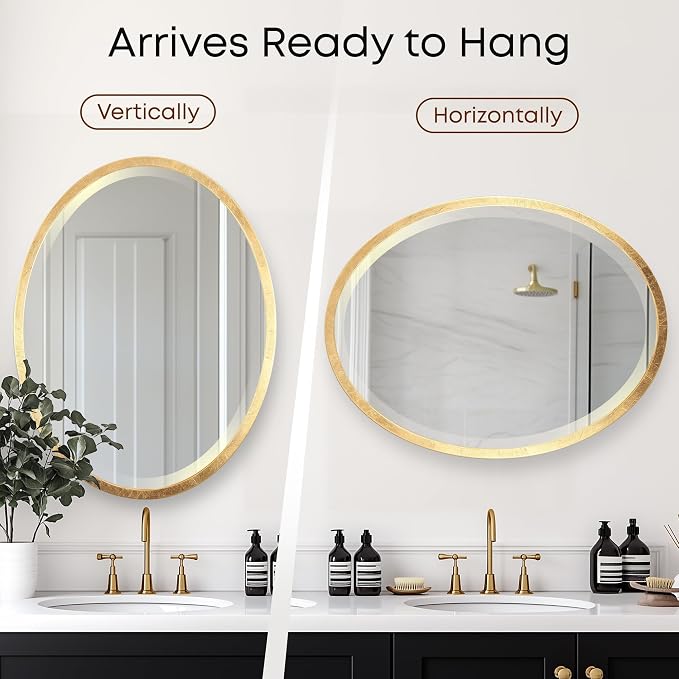 OVALCREST - Oval Wooden Beveled Wall Mirror for Home Decor, Bathroom, Vanity, Bedroom, Living Room, Hallway - London Style (Gold Leaf) 17.1 x 13.1