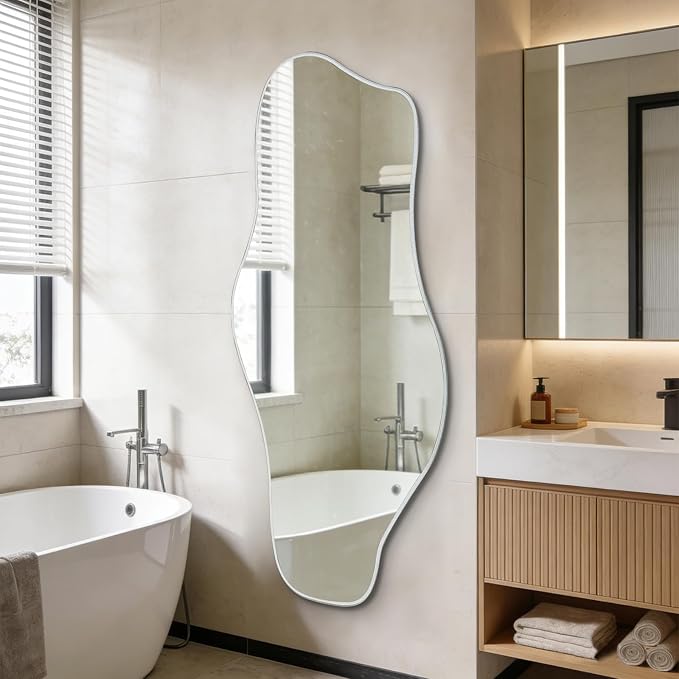 Large Irregular Wall Mirror, 60"x24" Silver Asymmetrical Tempered Glass Mirror, Frameless Organic Shaped Mirrors for Entryway Hallway Bedroom Living Room, Horizontal or Vertical Hanging