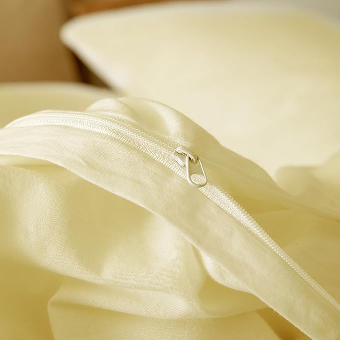 JIYUAN 100% Washed Cotton Duvet Cover Set 3 Pieces Cal King, 1 Duvet Cover 104x98 Inches(Comforter Not Included) and 2 Pillowcases,Linen Feel Bedding Set Comfy and Breathable,Light Yellow