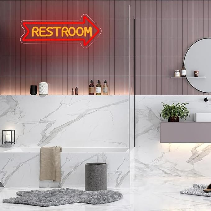 Restroom Neon Signs for Wall Decor Restroom Led Sign Dimmable USB Bathroom Neon Light with Arrow Toilet Bathroom Signs for Home Bar School Shopping Mall Hotels Hospitals