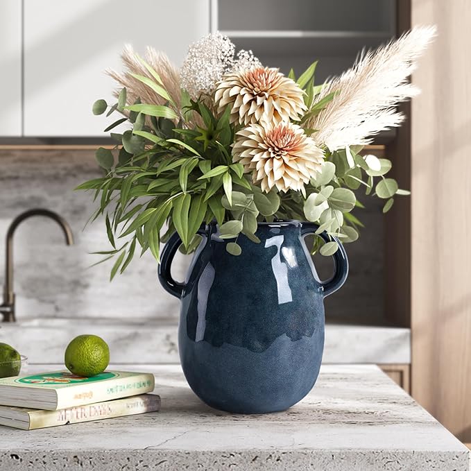 7 Inch Retro Navy Blue Ceramic Vase with Handles, Modern Glazed Blue Vase for Flowers, Farmhouse Vintage Flower Vase Decorative for Home Decor, Table, Counter, Living Room, Bedroom, Entryway