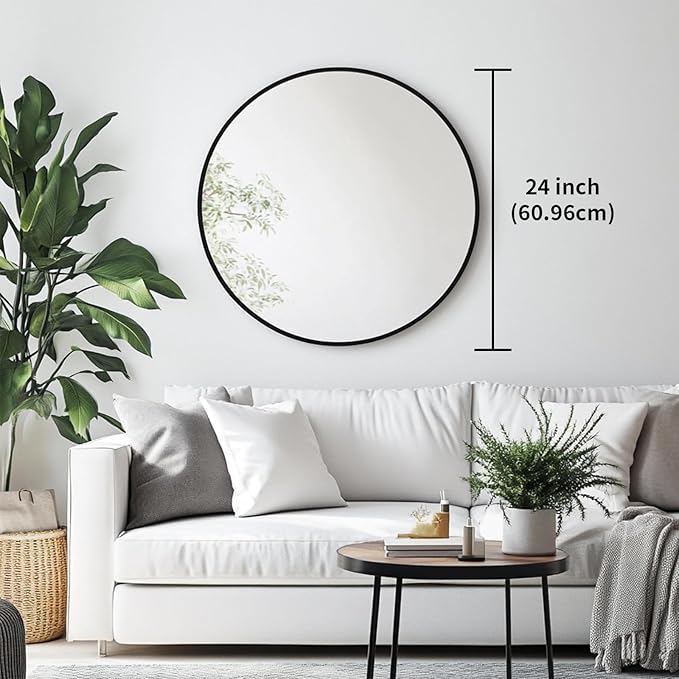 Oruii Round Mirror, Black Round Mirror 24 inch, Circle Wall Mirrors Metal Frame, Black Circular Mirrors for Bathroom, Wall, Living Room, Entryway, Hallway, Vanity, Rustic