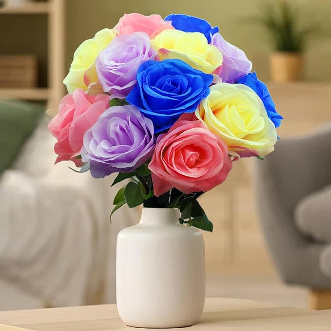 12 PCS Rose Artificial Silk Flowers, Fake Roses with Long Stems Realistic Faux Rose Flower Bouquets for Home Wedding Decoration Party-Mix Color