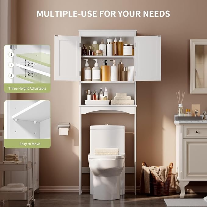 Gizoon Over the Toilet Storage Cabinet with Adjustable Shelf and Double Doors, Bathroom Space Saver Organizer Above Toilet with Open Shelf, Taller Wooden Free Standing Toilet Rack -White