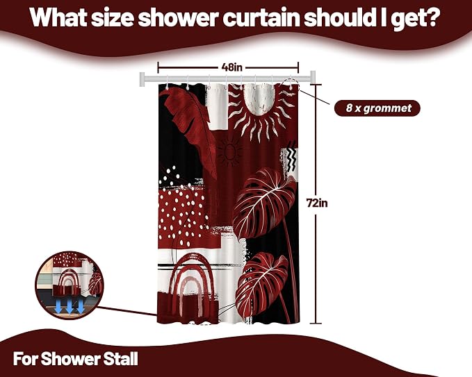 Small Stall Narrow Shower Curtain Black and Red Stand Up Burgundy Abstract Boho Shower Curtains for Rv Camper Bathroom Decor Sets, Waterproof Cloth Fabric with Hooks, 48 x 72 Inch