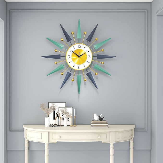 Large Modern Wall Clock for Living Room Decor,24 Inch Big Decorative Starburst Metal Wall Clock Battery Operated for Kitchen Bedroom Office,Silent Mid-Century Colorful Clock for Home Decor